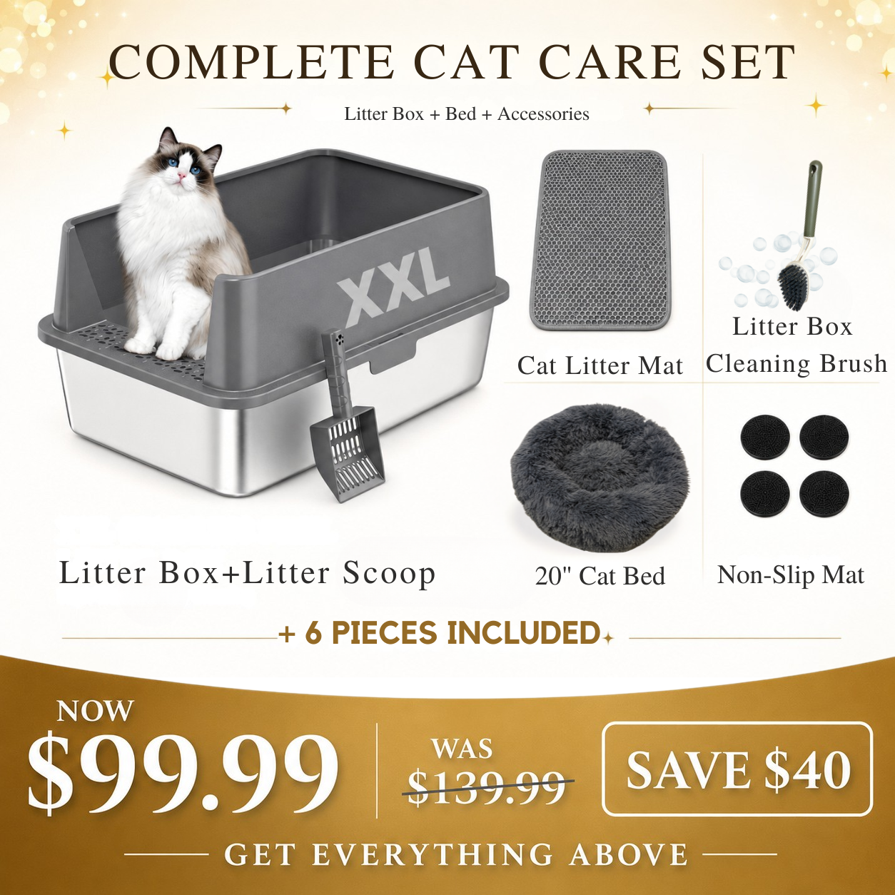 XXL Stainless Steel Cat Litter Box with Lid – High Sides, Low Entry, Easy to Clean, Odor-Free, Anti-Leak | Buy 2 & Save $10